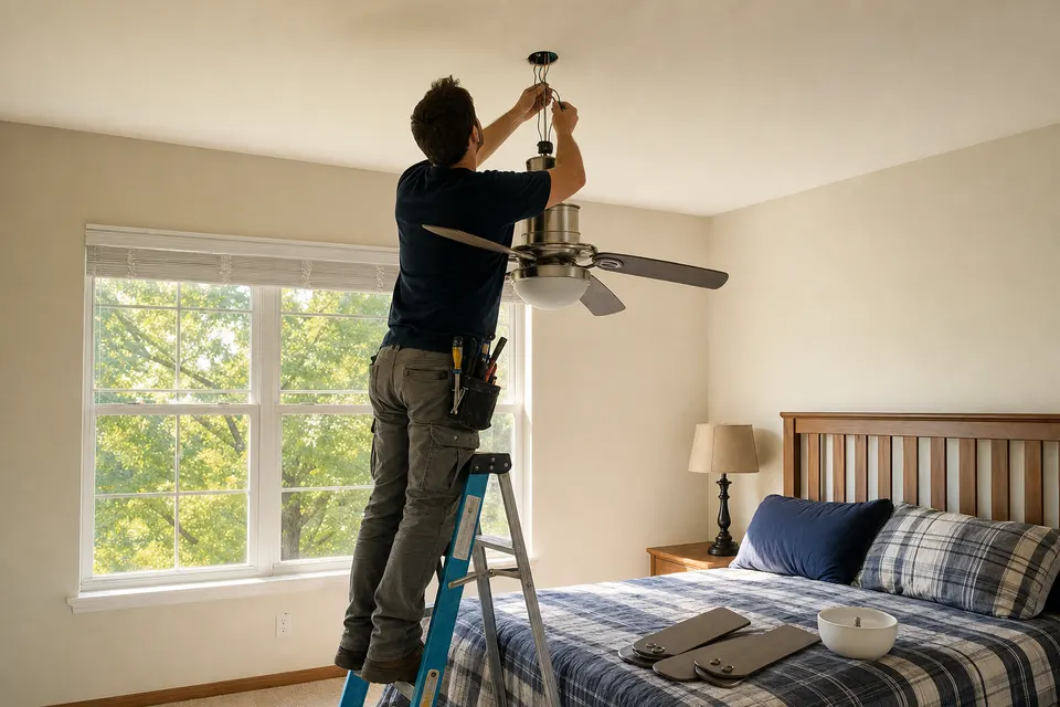 An electrician on a stepladder lifting a ceiling fan to a new box in a Lockport bedroom