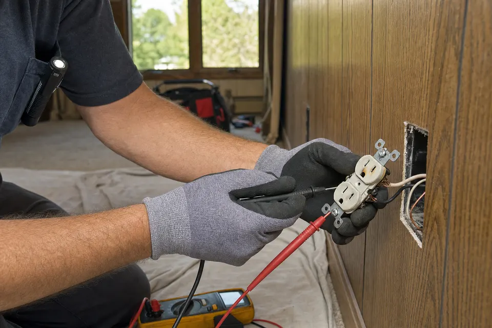 An electrician's gloved hands testing a heat-browned outlet pulled from the wall of a Lockport split-level