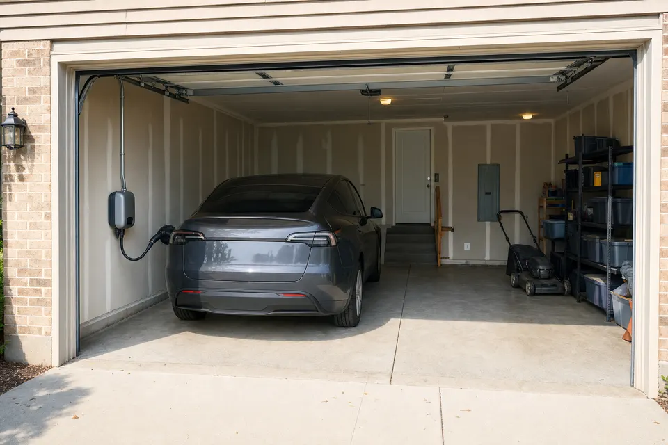 A Level 2 EV charger on the side wall of a Lockport garage, conduit run from the ceiling, car parked nose-first