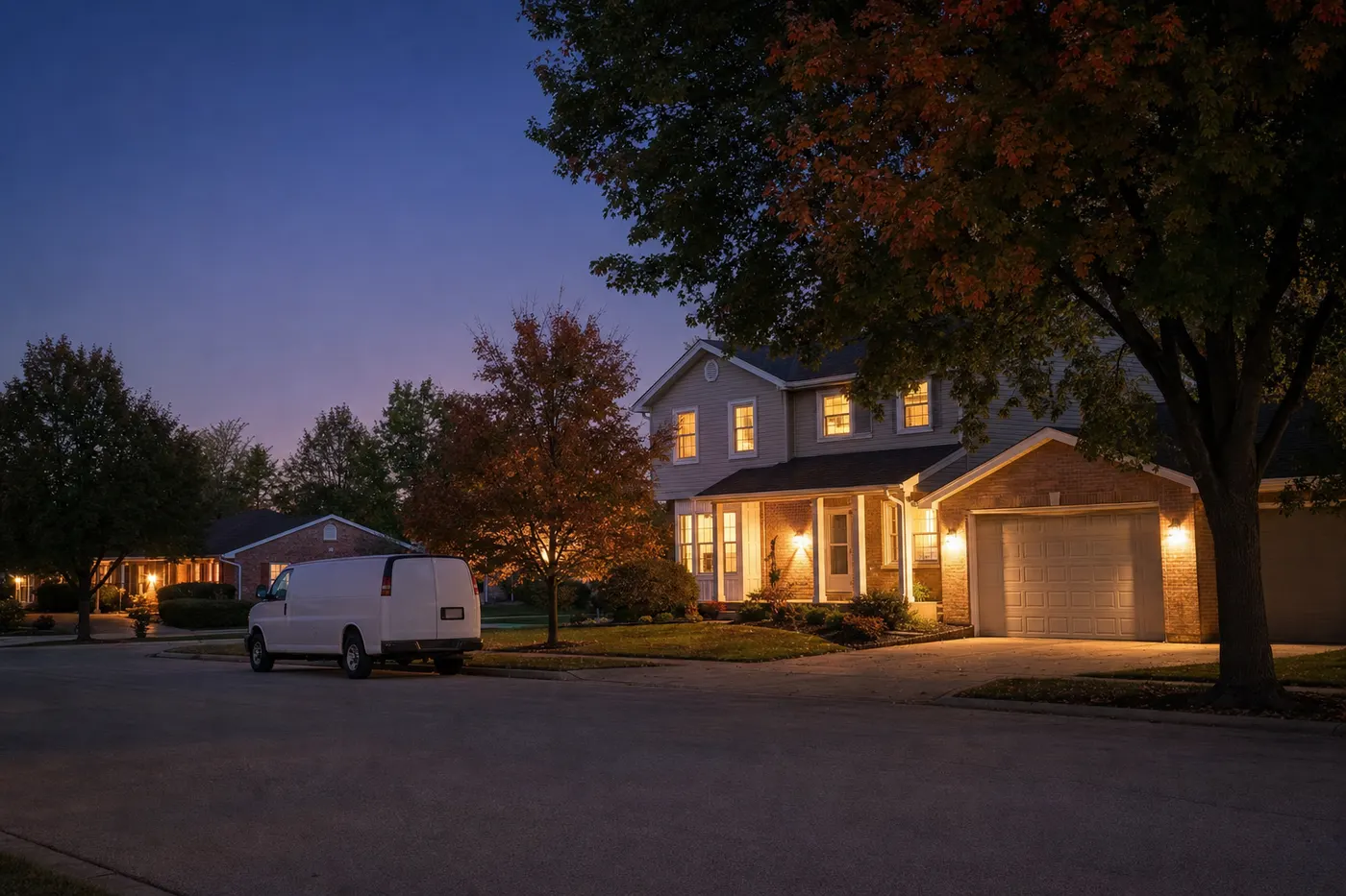 A Lockport, Illinois street at dusk with every window lit