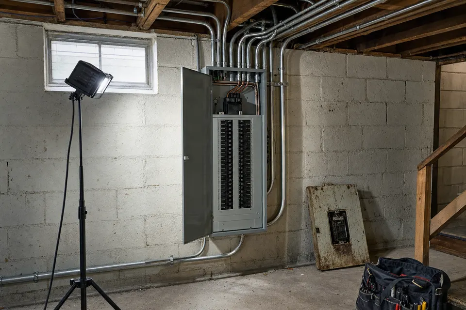 A new 200-amp electrical panel with conduit in a Lockport basement, the old fuse box removed beside it