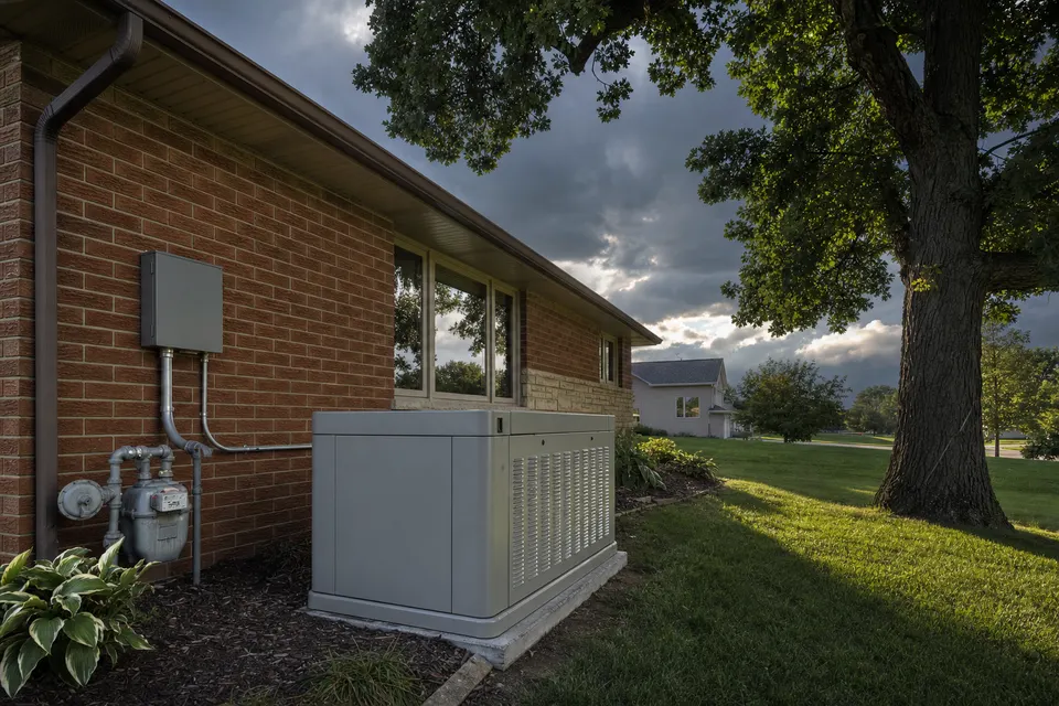A standby generator on a pad beside a brick ranch in Lockport, with the gas meter and transfer switch on the wall